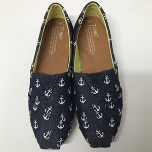 TOMS Navy Blue & White Anchor Embroidered Alpargata Slip-ons